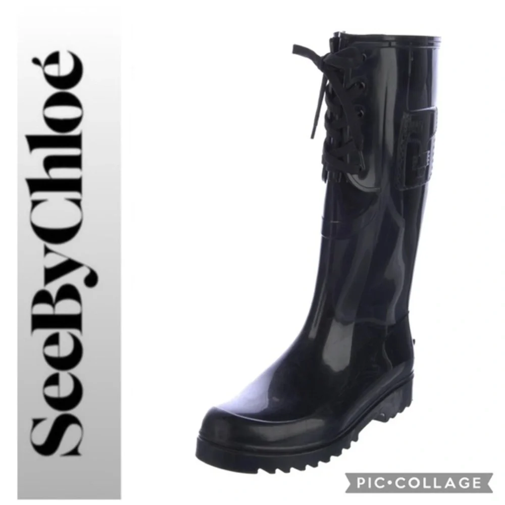 See by Chloe Lace Wellington Black Rain Boots Sz 5
